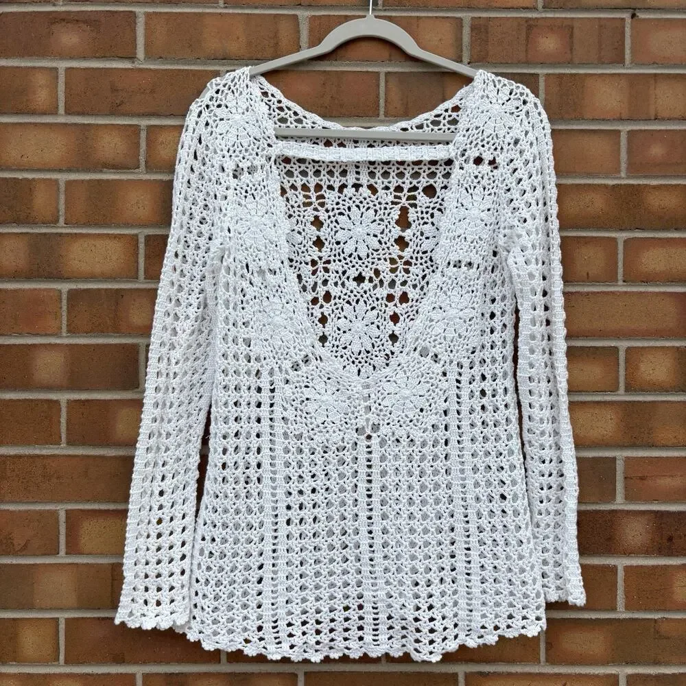 Free People Filet Crochet Pullover Tunic Top White S Open Back Boho Festival